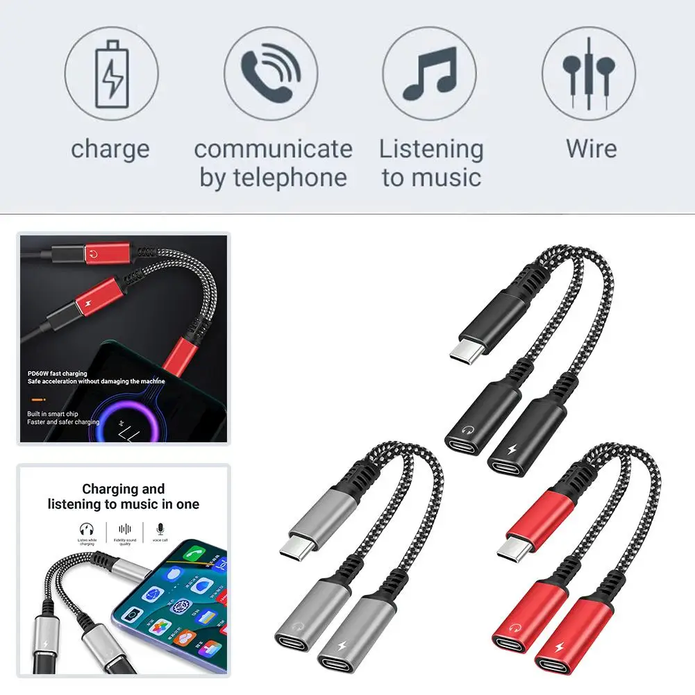 30w Type C Splitter To Dual Type USB C Headphone Jack Audio Adapter Fast Charging Connector For IPhone 2 In 1 K7N8