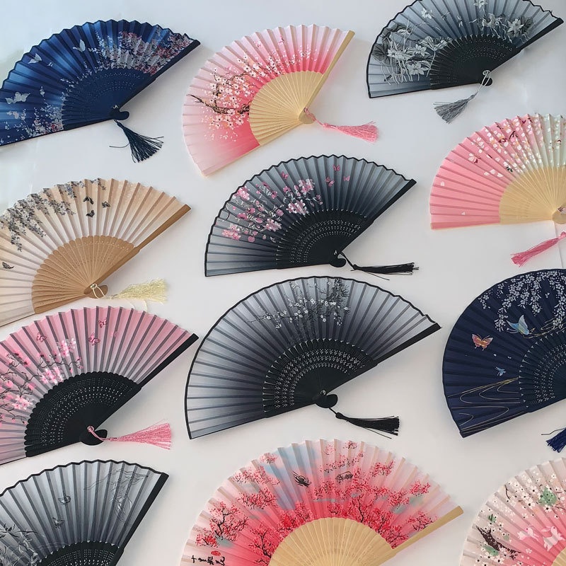 1PC Vintage Japanese Folding Fan Handmade Bamboo Silk Crane Design for Wedding Home Decor Dance Party Retro Aesthetic