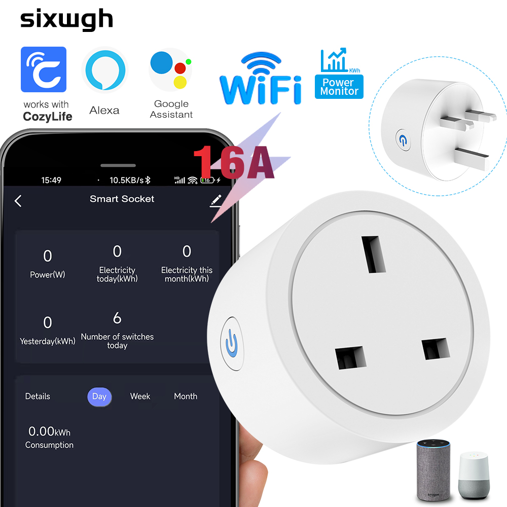 WiFi Smart Socket 16A UK plug With Energy Monitoring,Support CozyLife App, Works With Alexa, Home Vioce Control