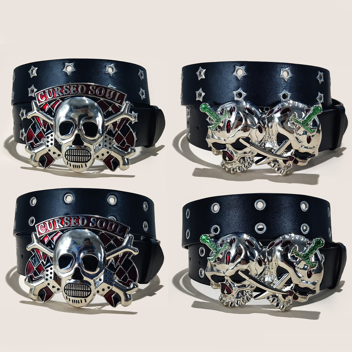 Women's Punk Skull Belt Harajuku Gothic Y2K eyelet Skeleton Head Decoration Belt Men Girls Leather Belt Halloween Accessories