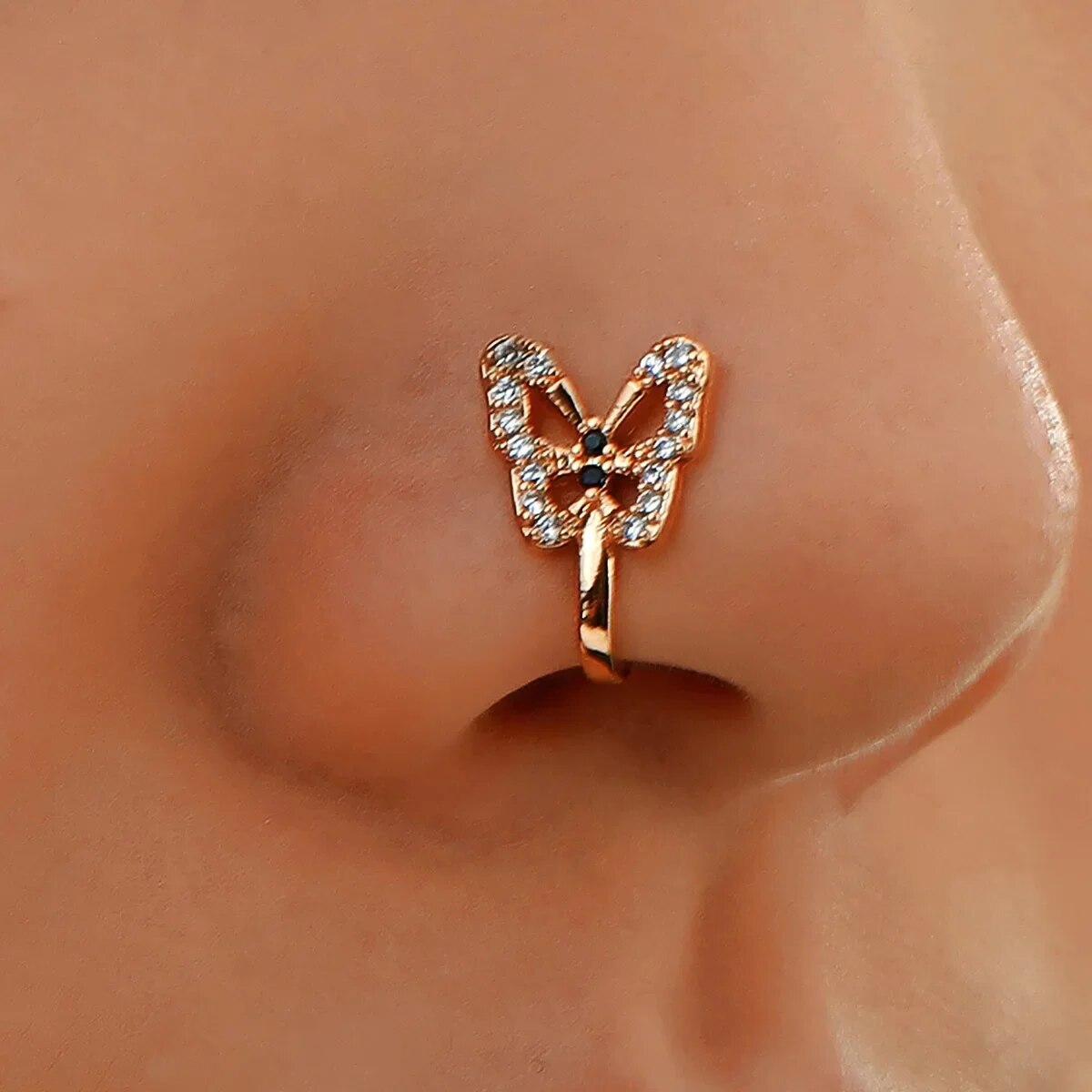 Hallowout Butterfly CZ Stone Non Perferated Nose Clip Gold Color Metal Clear Black Cubic Zirconia Stone U-Shaped Nose Ring