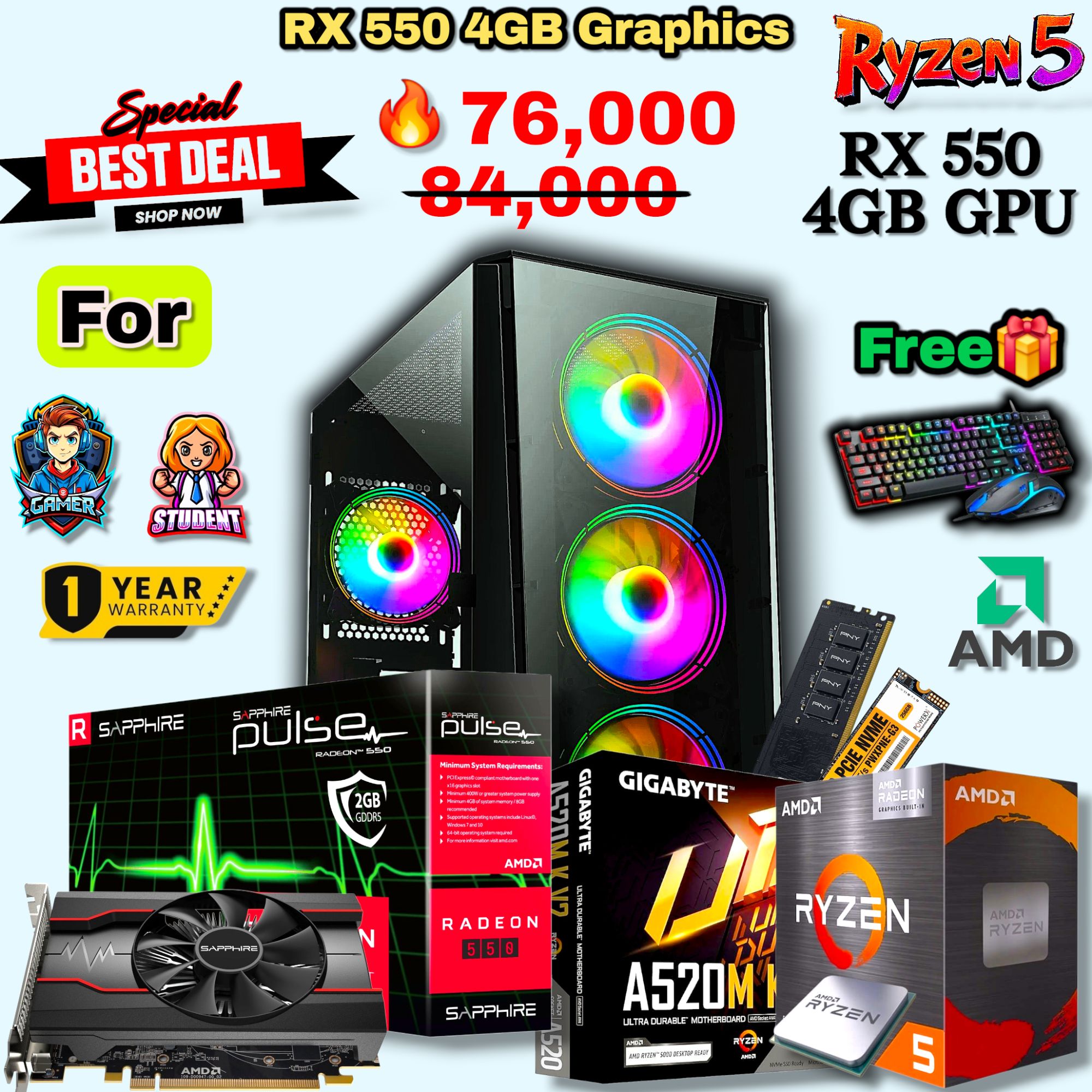 RX 550 4GB Powerful Graphics Card Powered Gaming PC Ryzen 5 5500(12Threads) Processor, Gigabyte B550M/A520M K V2, 8/16GB RGB RAM.