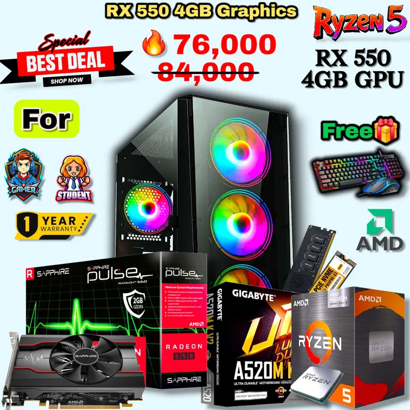 RX 550 4GB Powerful Graphics Card Powered Gaming PC Ryzen 5 5500(12Threads) Processor, Gigabyte B550M/A520M K V2, 8/16GB RGB RAM.