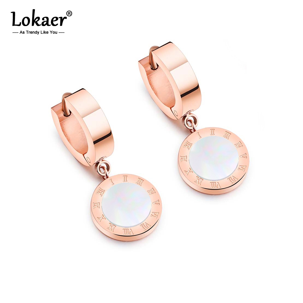 Lokaer Fashion Black/White Shell Roman Numerals Round Circle Earrings Titanium Stainless Steel Rose Gold Hoop Earrings E18114