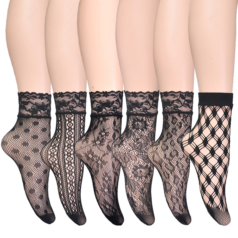 6-Pair /Set Summer Black White Lace Socks Thin Hollow Jacquard Fishing Net Short Stockings