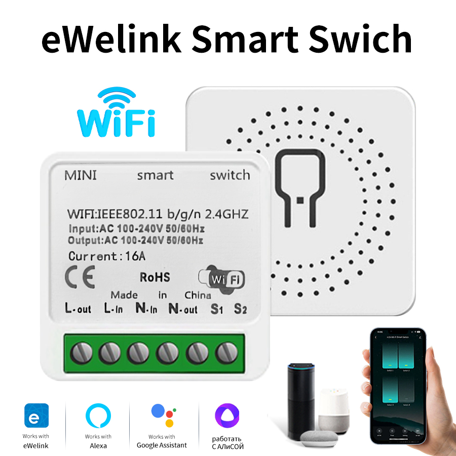 16A Mini WiFi Smart Switch DIY Breaker Relay Light Switch Timer Function eWeLink App Works with Alexa Assistant lightify