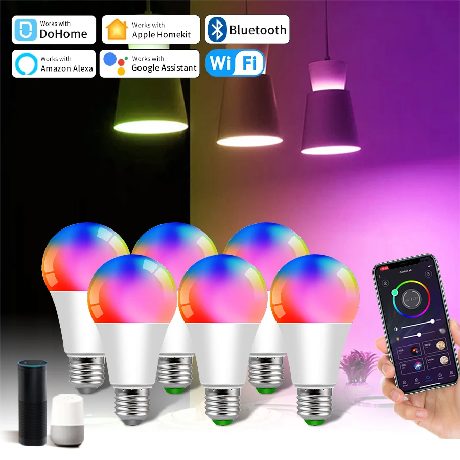 Tuya WiFi E27 Smart LED Lamp RGB 15W-18W Bluetooth LED Light Bulb Works With Alexa Home For Smart Life Decoration