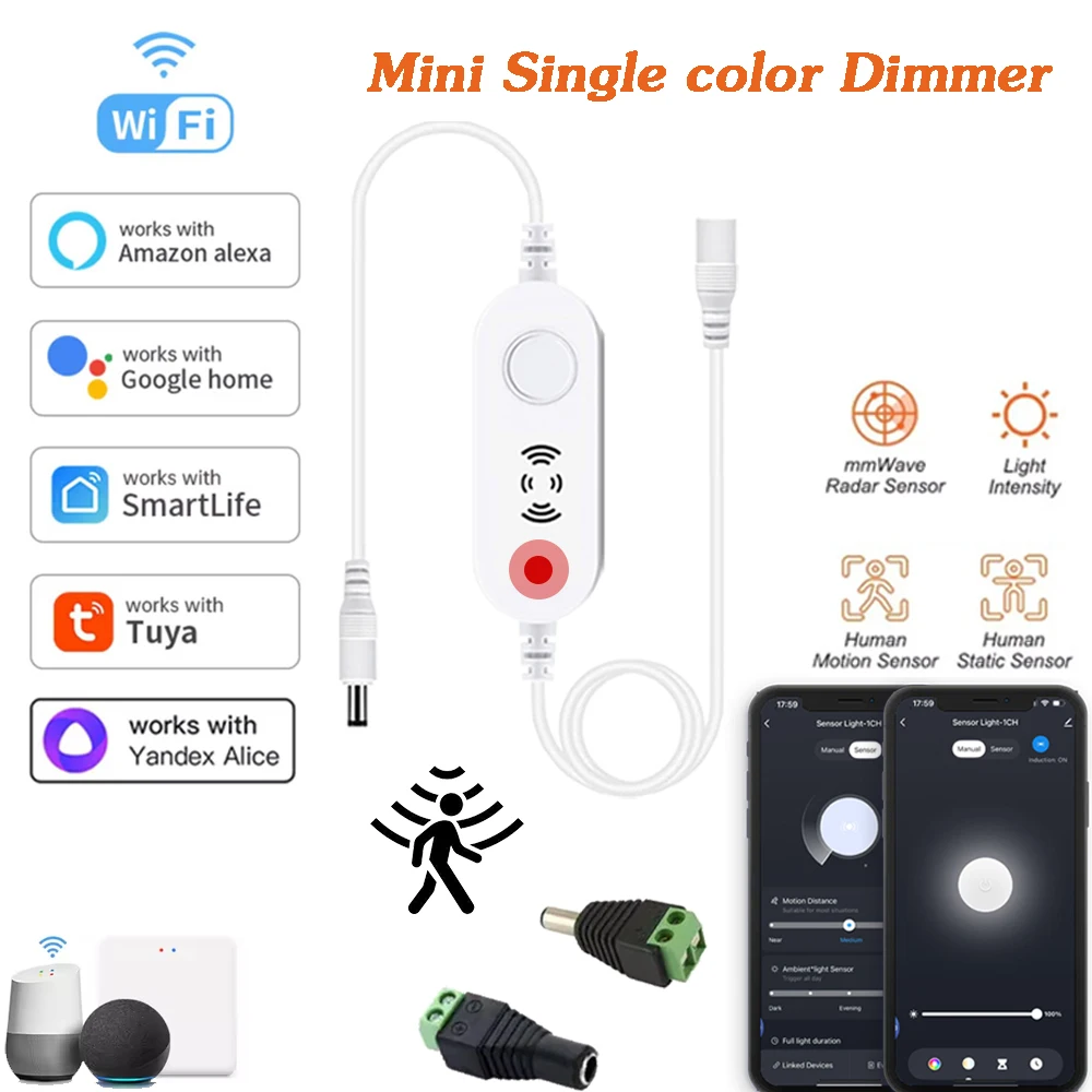 Tuya Wifi Mini Dimmer LED Controller Single Color Switch Human Presence Motion Sensor Radar Wave Human Detector for Alexa