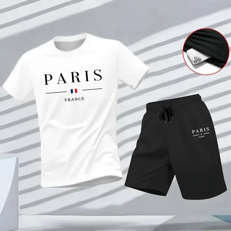 Summer Daily Casual Sporty Jogging Suit Streetwear 2026 Hot Sale Men's Tracksuit Fashion Paris Print T-shirt and Shorts