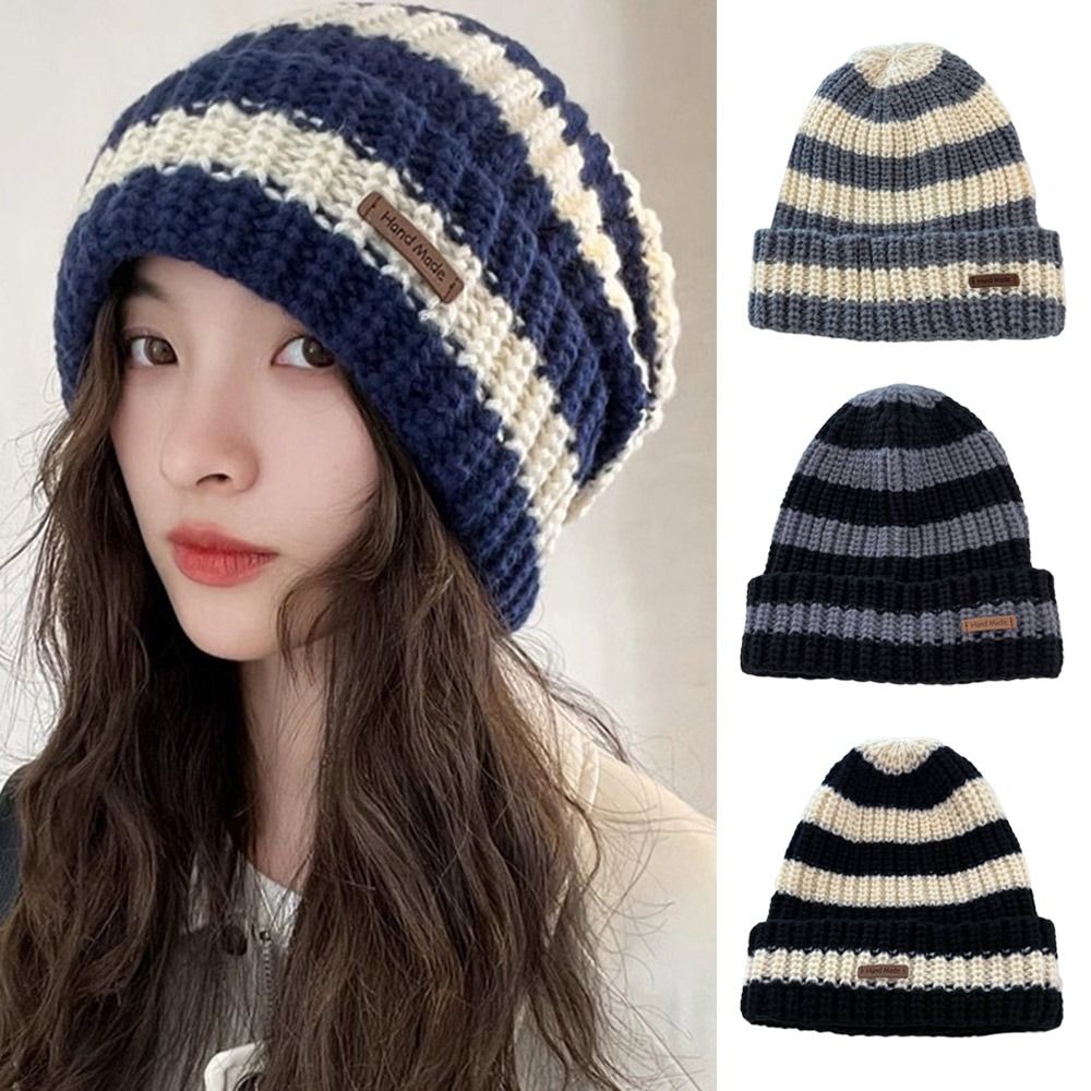 1pc Korean Version Fashion Thickened Winter Hats Keep Warm Ear Protection Beanie Caps Outdoor Stripe Knitted Hat for Men Women