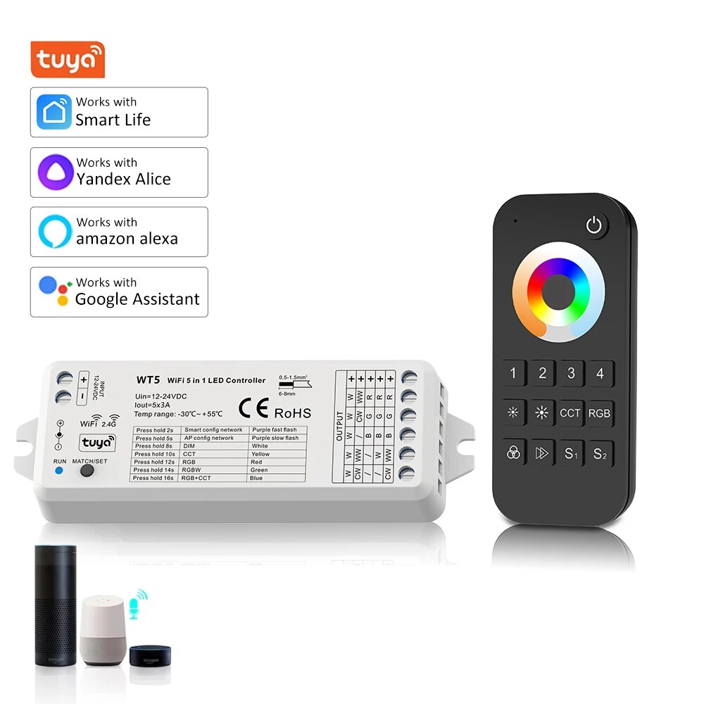 WT5 Tuya Smart LED Controller RGB CCT 12V 24V 5 in 1 RGBCCT LED Strip Light Controler Work with Alice Alexa Echo Home