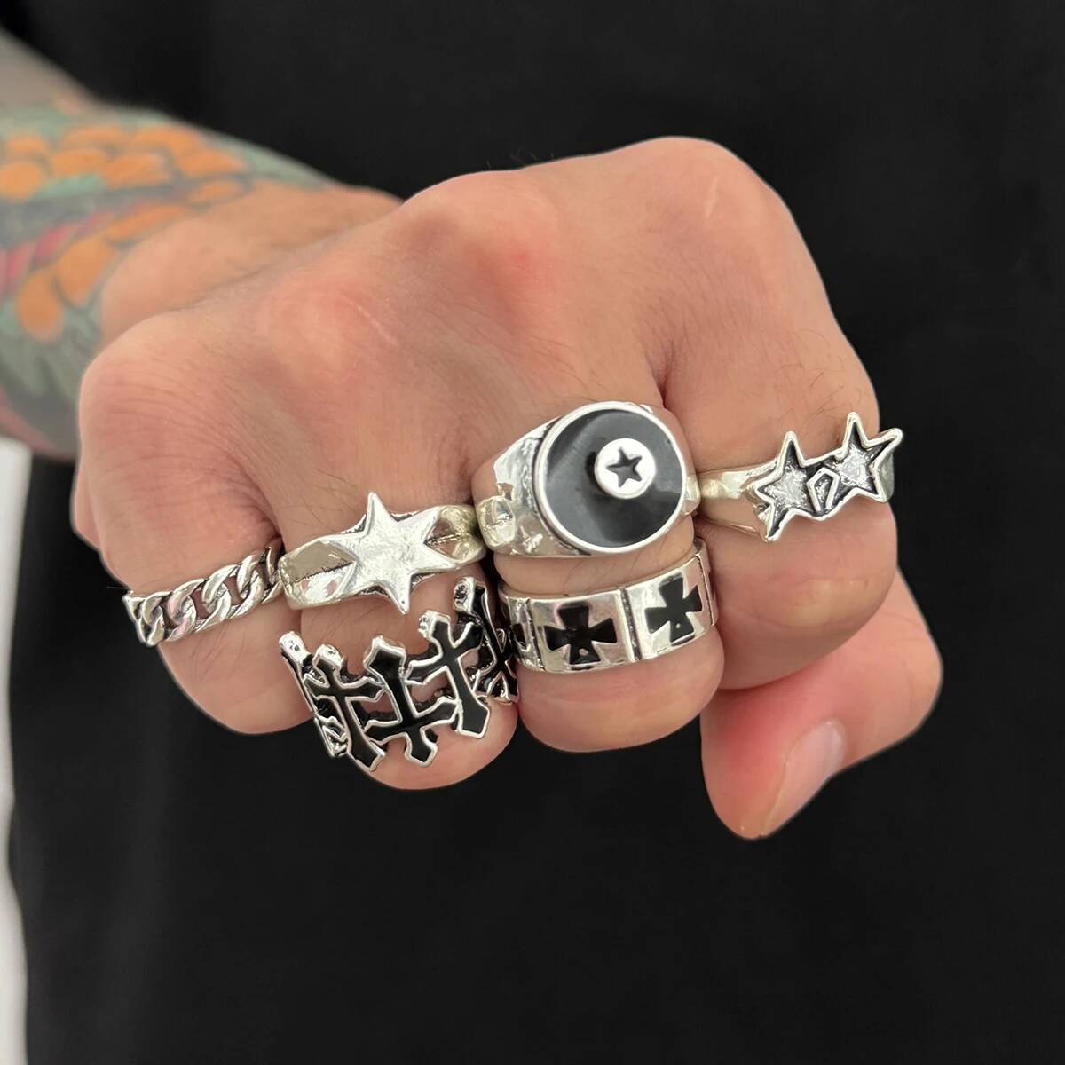 Ingemark 6 Pcs/Set Punk Hip Hop Irregular Star Cross Adjustable Rings Men Creative Silver Color Open Finger Rings Street Jewely