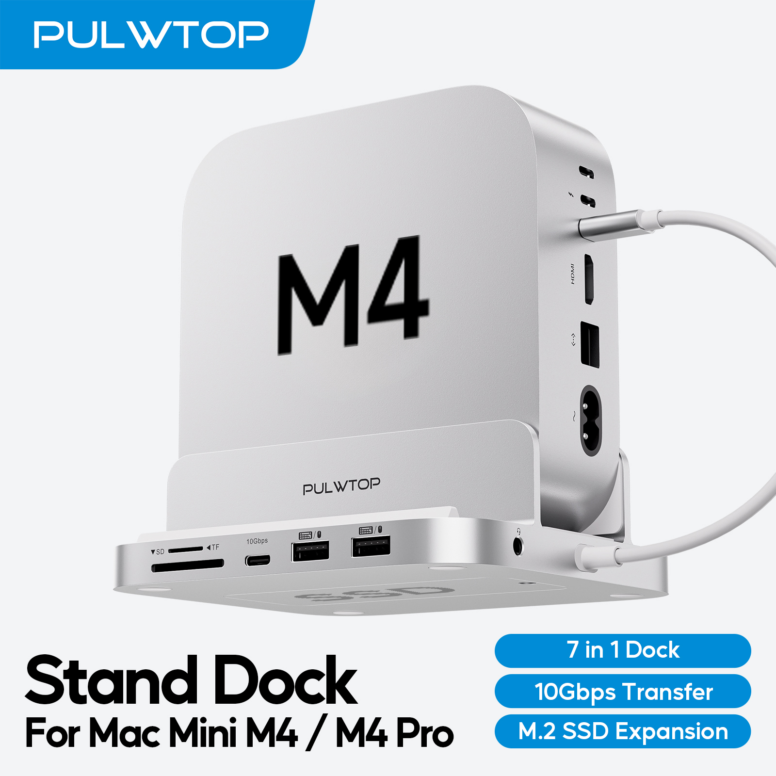 PULWTOP Mac Mini M4 Hub stand with 4TB SSD Enclosure for Mac Mini M4/M4 Pro, with USB A/C 3.2, Audio Mic, SD/TF