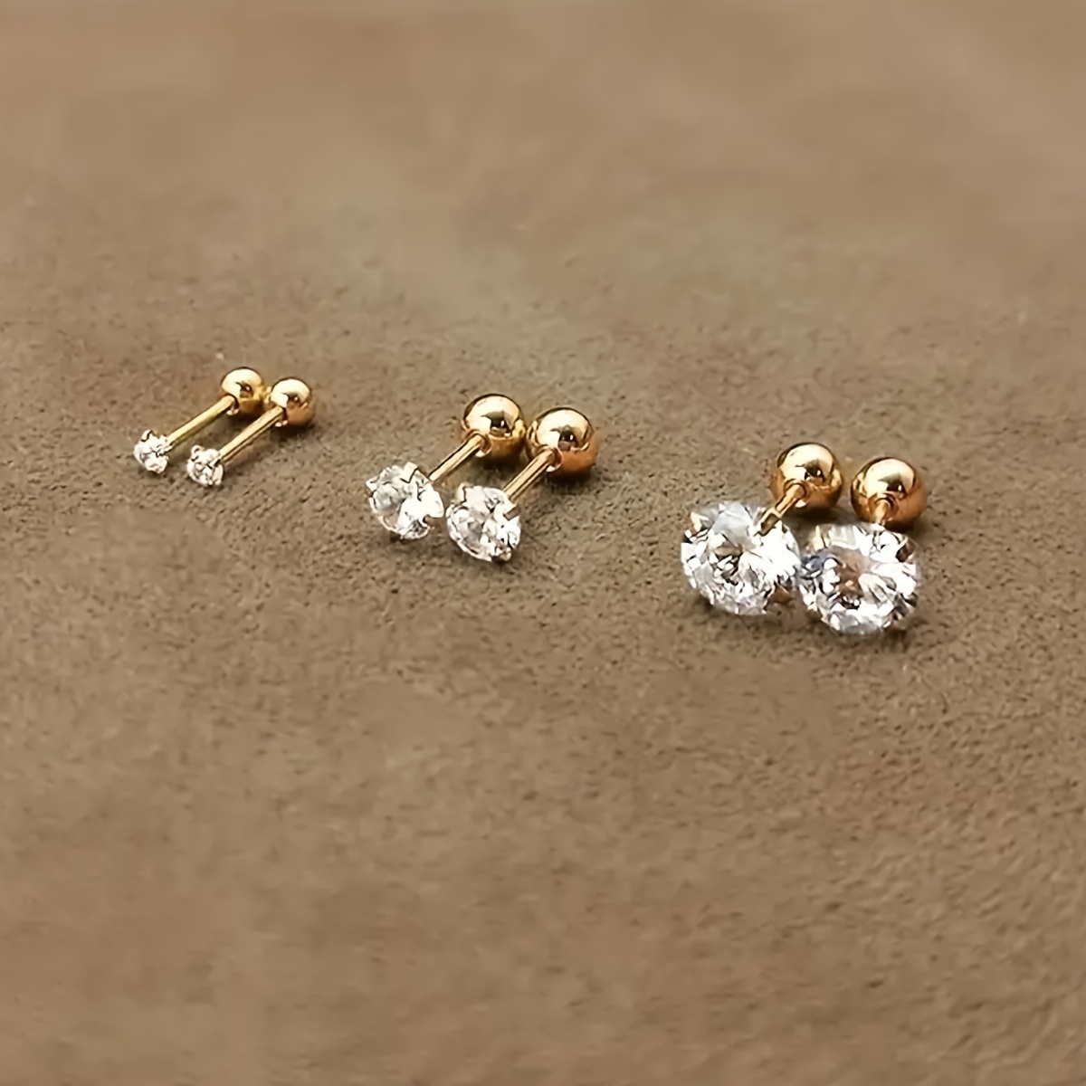 1 Pair or 3 Pairs Stainless Steel Golden Tiny CZ Stud Earring Four-claw Twisted Ball Zirconia Piercing Earrings for Women Men