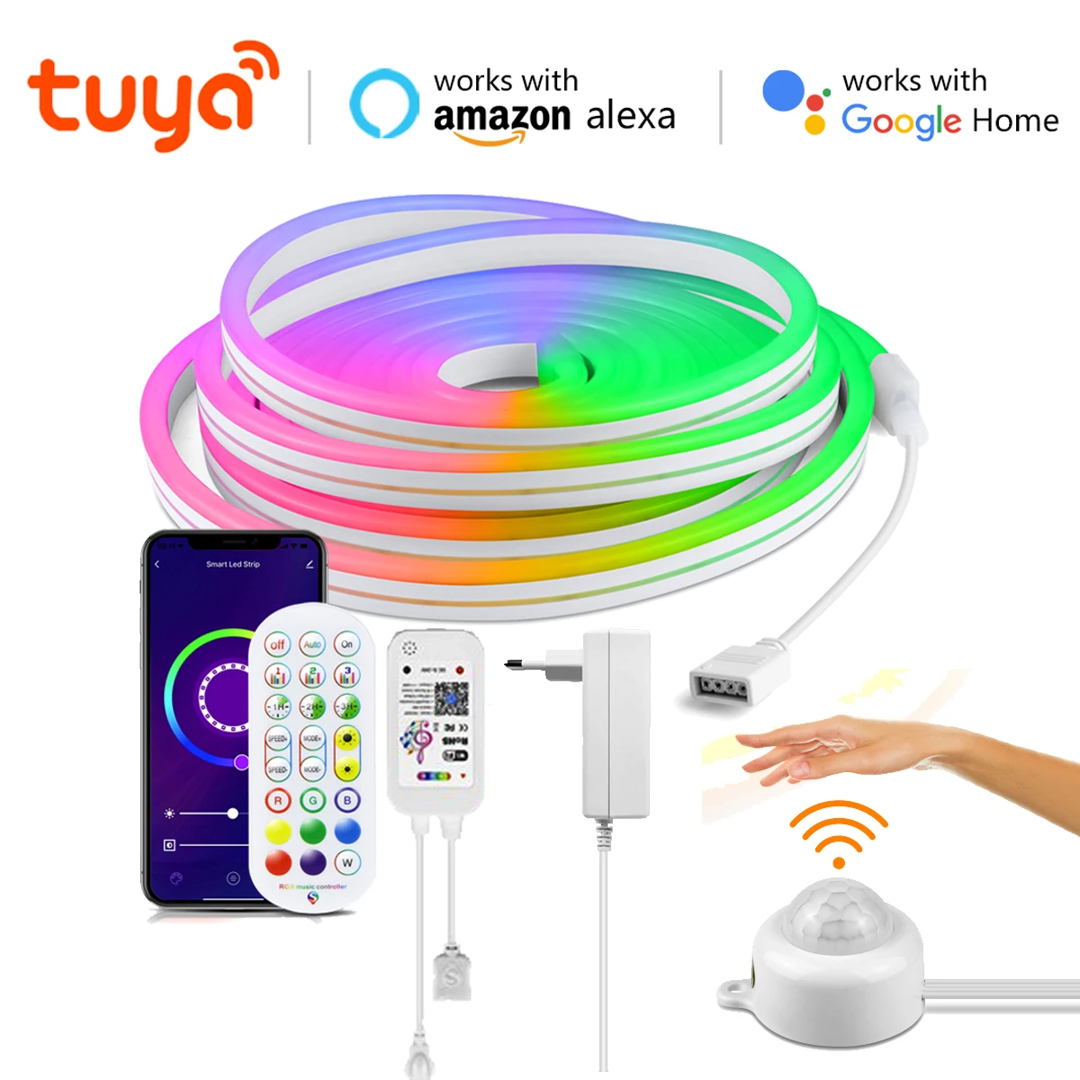12V Smart Wifi APP Control LED Light RGB Neon Strip Night Light with PIR Motion Sensor Dimmable Silicone Tape Voice Assistant lightify