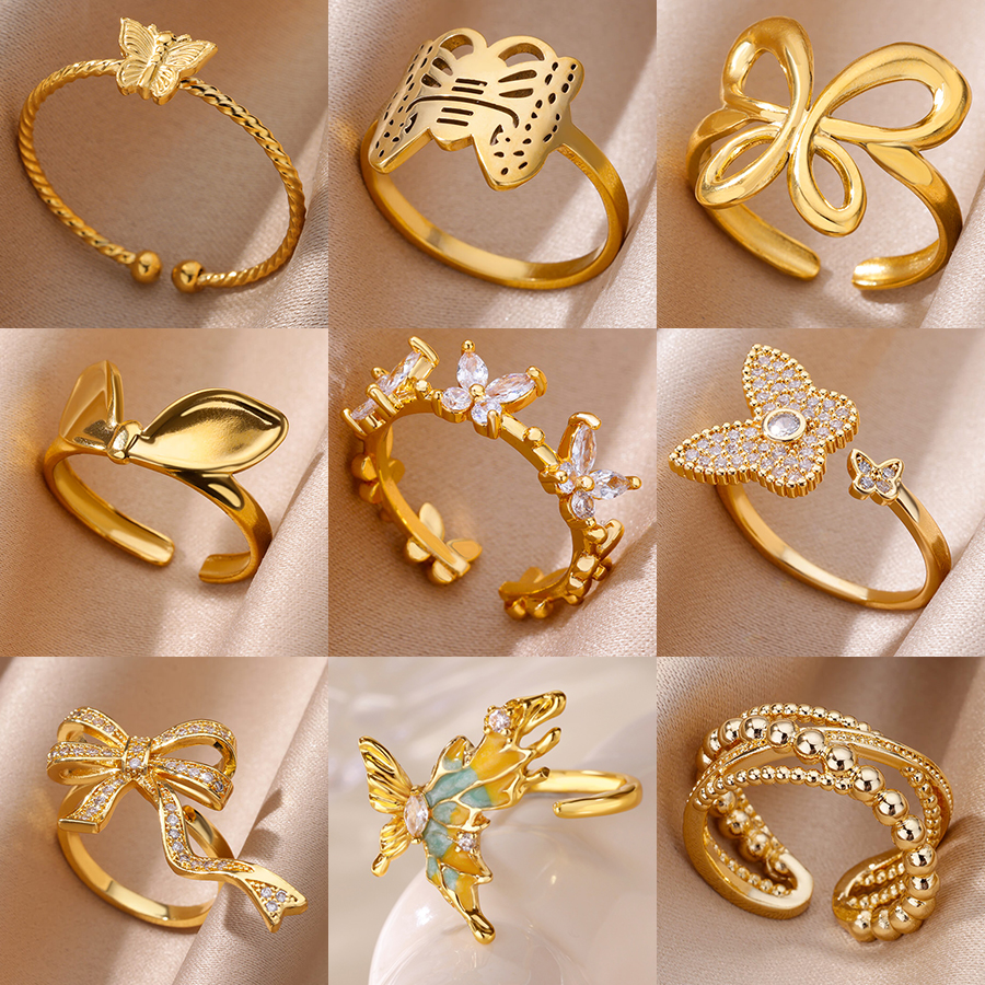 Punk Zircon Geometric Ring For Women Stainless Steel Gold Color Open Ring Fashion Wedding Couple Jewelry