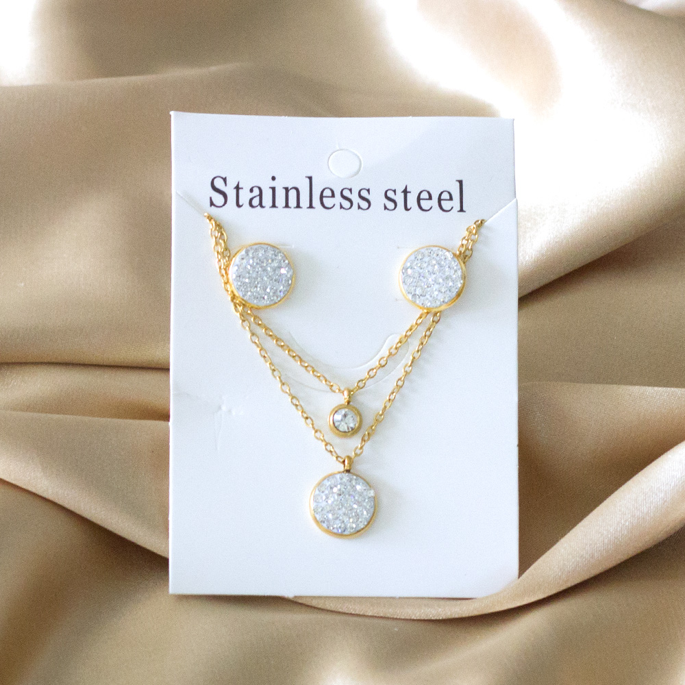 2023 New Round Zircon Muddy Double Layer Chain Necklace Earrings Set Gold Silver Color Pendant Jewelry Set For Women Wholesale pen gpt