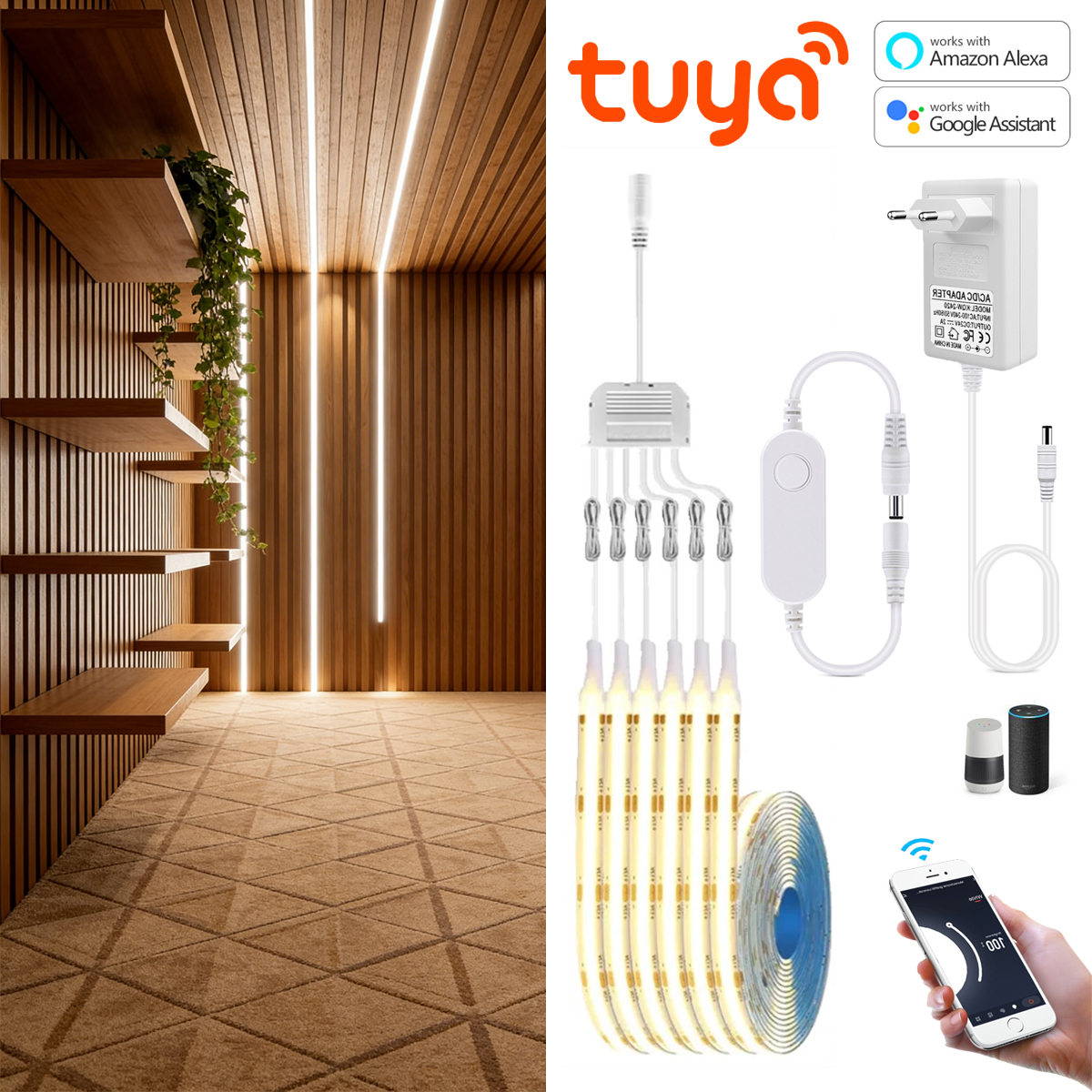Tuya Smart WiFi LED Strip Lights DC12V FCOB Tape Voice Control 320leds/M Multiple Layer Cabinet Bookshelf Backlighting Wall Deco lightify