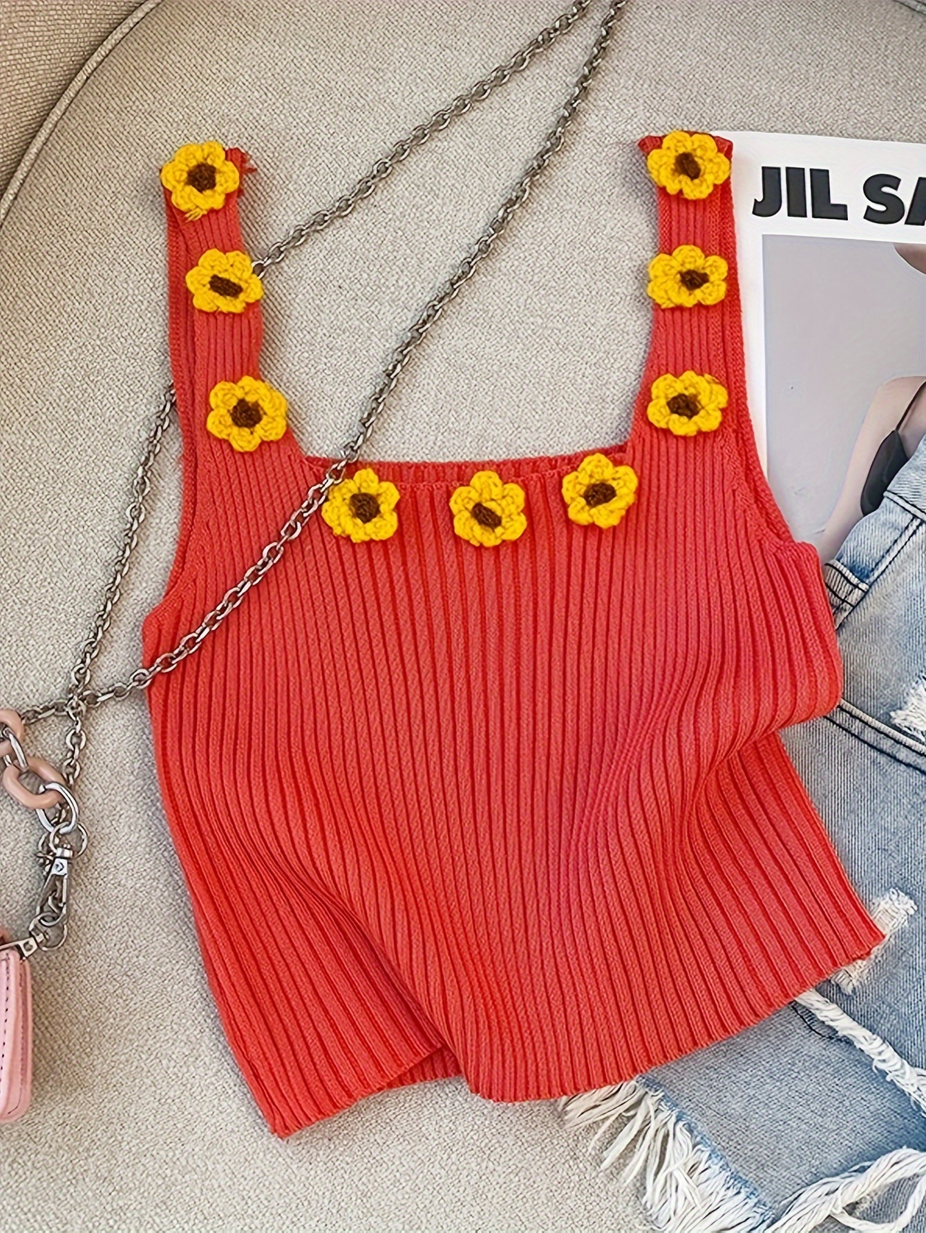 2025 New Summer Knitted Sunflower Decorative Vest Sweet Square Neck Sleeveless Crop Top Women's Clothing Camis y2k