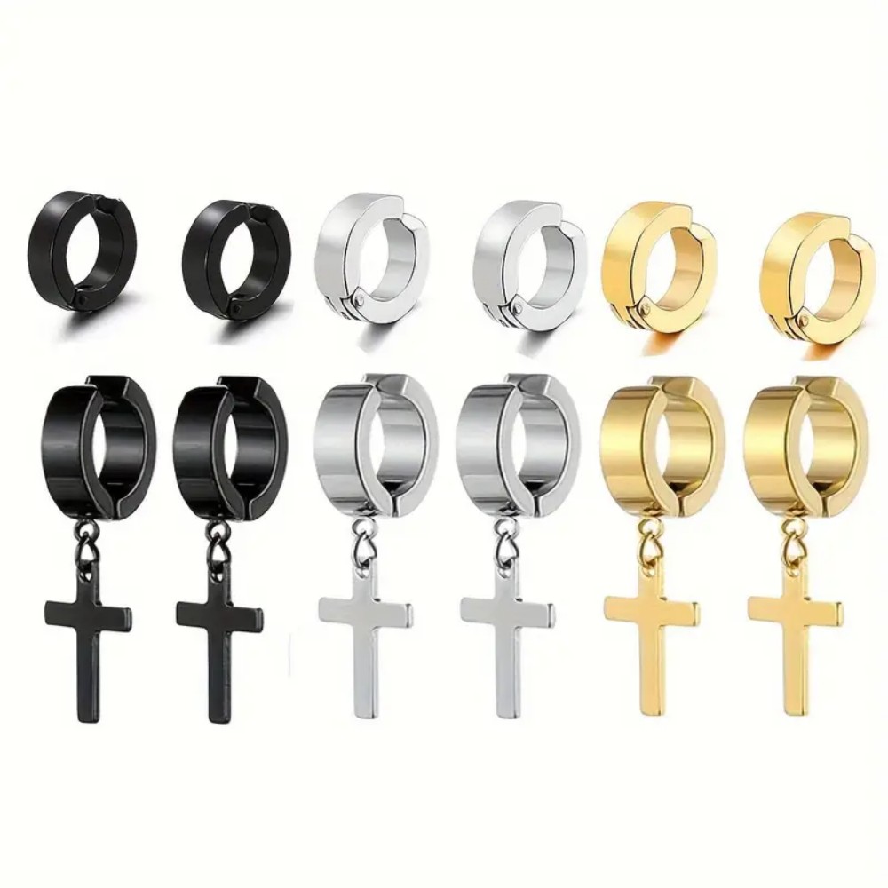 1 Pair Unisex Stainless Steel Rivet Cross Pendant Tassel Clip On Hoop Earrings Non-Piercing Fake Ear Clip Ear Stud Earrings
