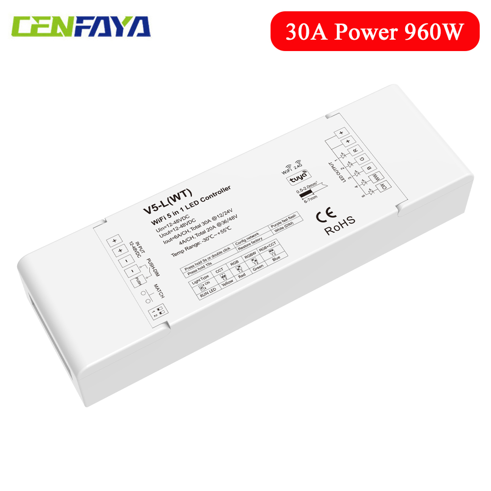 CENFAYA WiFi 5 in1 LED Controller DC 12V 24V 36V 48V 30A Dimmer With AC Push Switch Dimming TUYA APP Voice Control Music Model