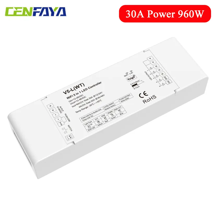 CENFAYA WiFi 5 in1 LED Controller DC 12V 24V 36V 48V 30A Dimmer With AC Push Switch Dimming TUYA APP Voice Control Music Model