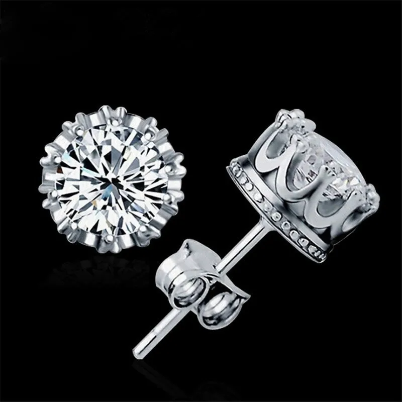 1 Pair Fashion Jewelry Crown Women Classic Shining Zircon Small Stud Earrings Silver Color Ears Stud For Men Crystal Earrings