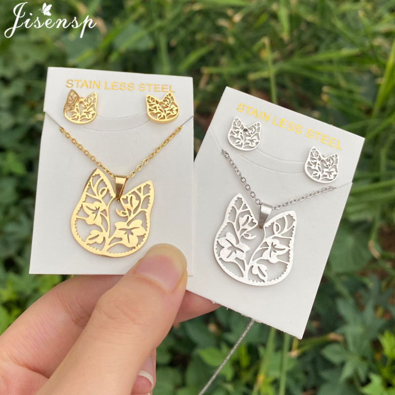 Golden Hollow Cat Pendant Necklace Earring Set for Women Stainless Steel Leaf Jewelry Ladies Engagement Necklaces