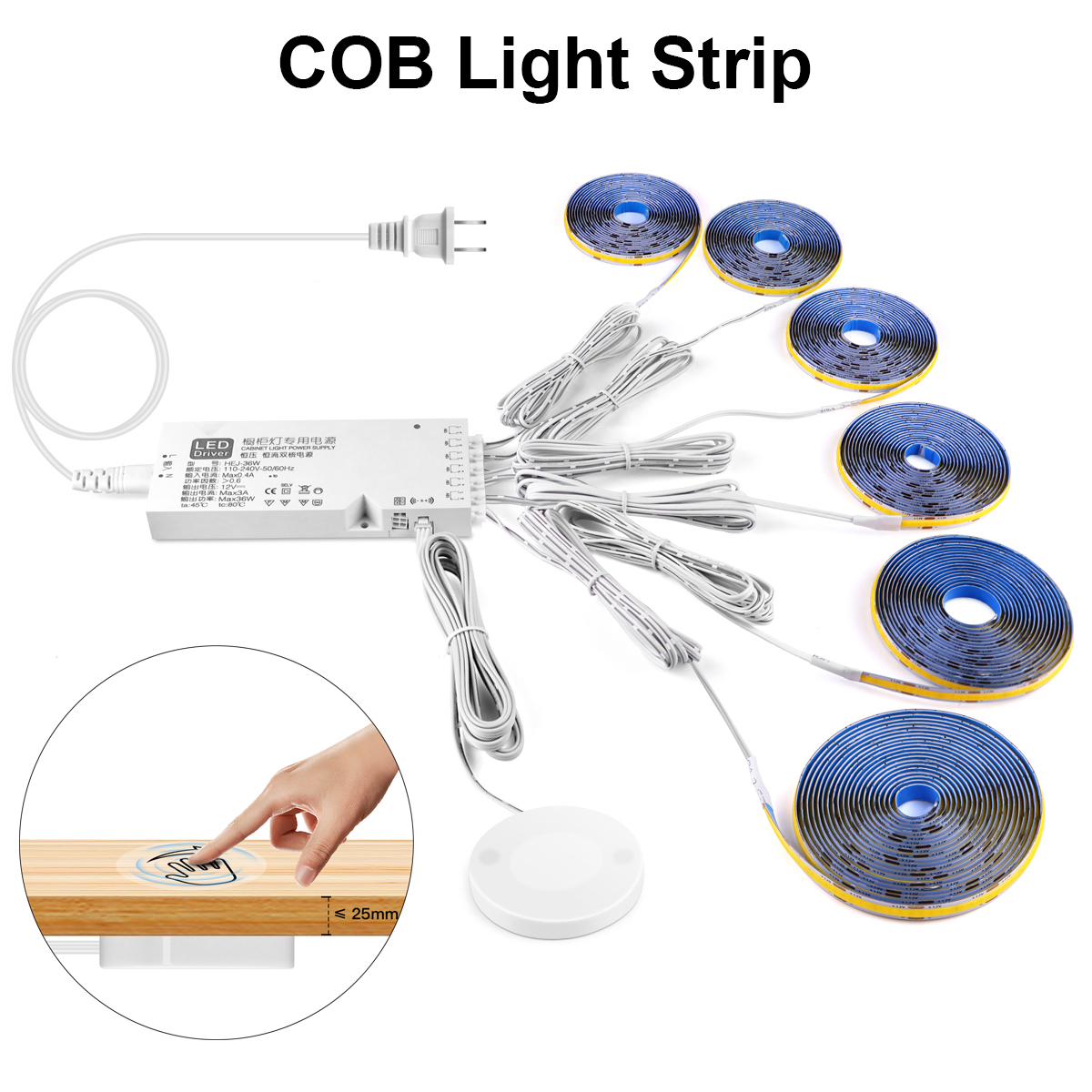 AC 220V To DC12V Smart Touch Switch COB LED Strip Parallel Lights EU Plug 1/2/3M 3000K 4000K 5000K Kitchen Display Cabinet Decor lightify