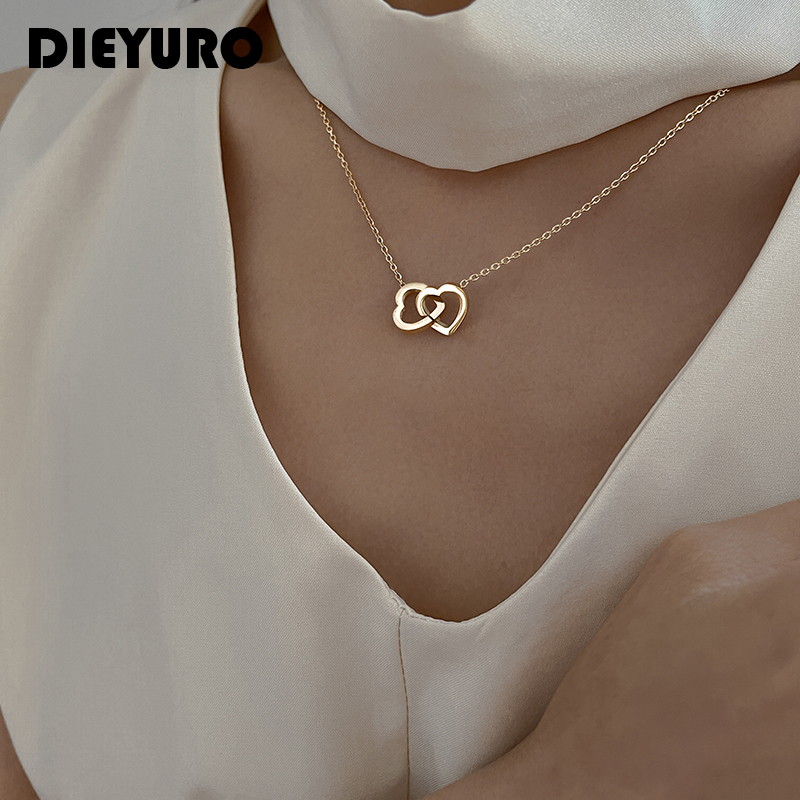DIEYURO 316L Stainless Steel Double Love Heart Cross Pendant Necklace Sweet Exquisite Lady Jewelry Wedding Newly pen gpt
