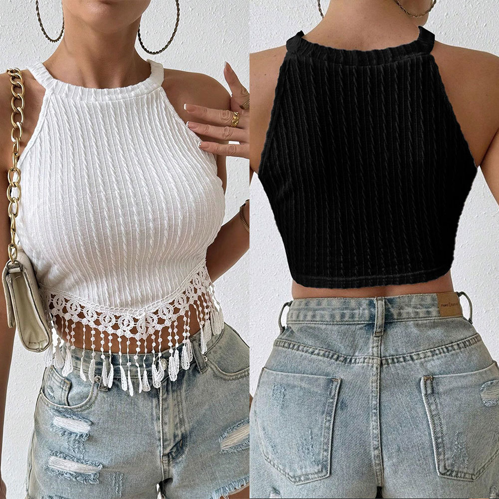2026 Spring Summer Women Tassel Tank Top Elegant Short Crop Top Slim Waist Cut Casual Streetwear Y2K Navel Tops