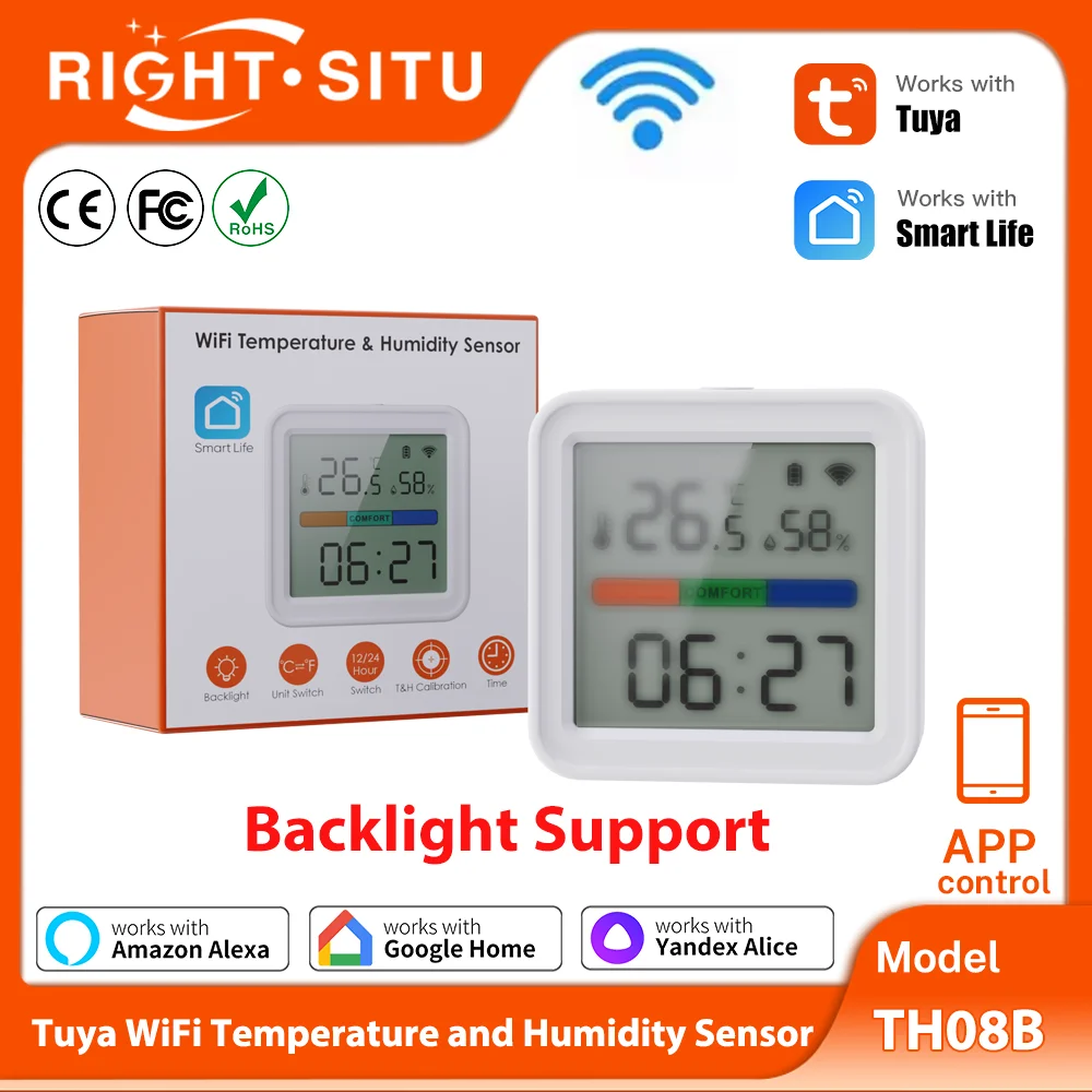 Tuya WiFi Temperature Humidity Sensor Backlight Hygrometer Thermometer TH08B Work With Tuya Smart Life Yandex Alice Alexa