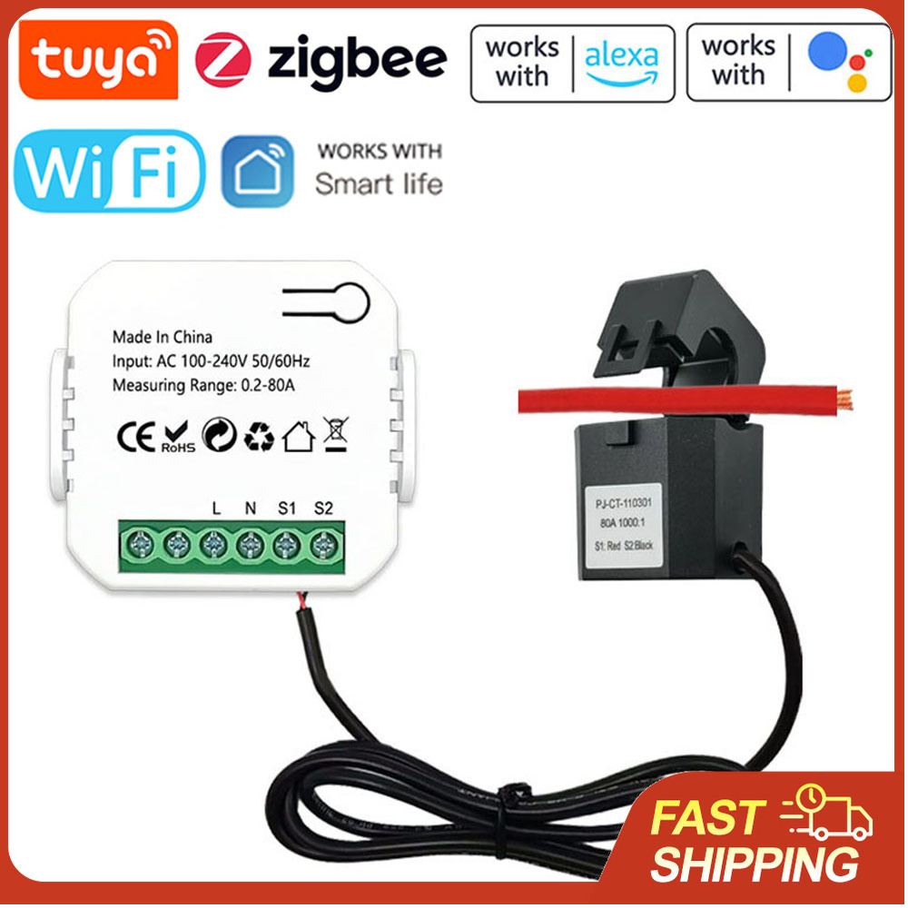 Tuya ZigBee WiFi Smart Energy Meter 80A Current Transformer Clamp Ammeter KWh Electricity Power Meter For Alexa Home