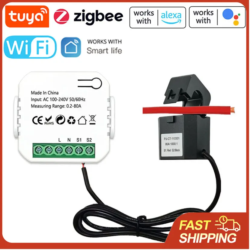 Tuya ZigBee WiFi Smart Energy Meter 80A Current Transformer Clamp Ammeter KWh Electricity Power Meter For Alexa Home