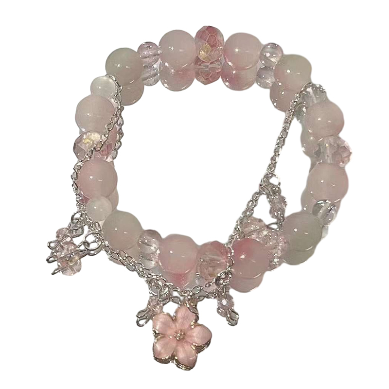 1Pc Sweet Pink Flower Pendant Beaded Chain Bracelet Women Trendy Jewelry Perfect Valentine's Day .