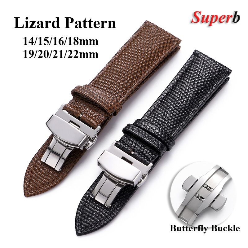 Lizard Pattern Leather Watch Band 14/15/16/18/19/20/21/22mm Butterfly Buckle Replacement Bracelet Men Women Watch Accessories