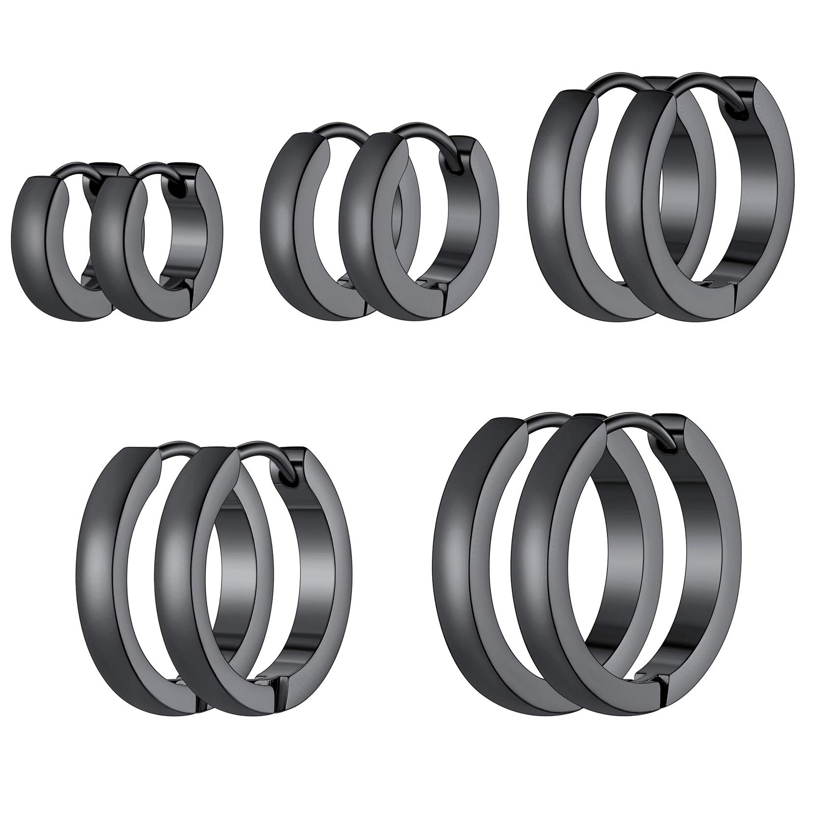 5 Pairs Classic 3mm Wide Stainless Steel Black Color Huggie Hoop Earrings Set for Men Women Hypoallergenic Minimalist Jewelry