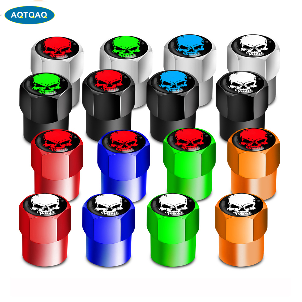 4 Pcs/Set Aluminum Alloy Skull Logo Tire Valve Stem Cap Tire Wheel Stem Air Valve Caps for Auto Cars