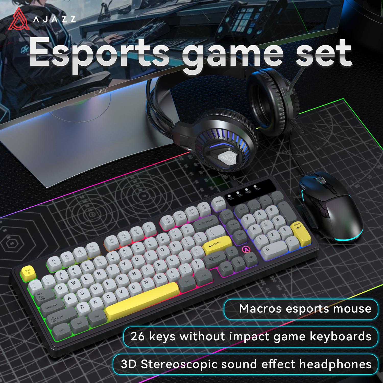 AJAZZ AT120 Keyboard, Mouse, and Headset Set - Ergonomic Design, Portable All-in-One Office and Gaming Set