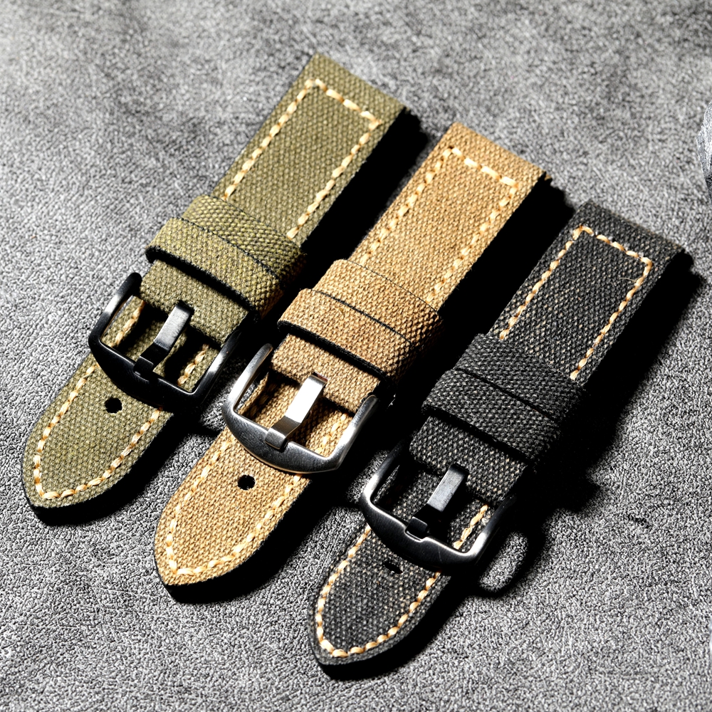 Handmade canvas leather strap with genuine leather fit, 20MM 22MM 24MM 26MM black green brown, durable waterproof bracelet, retr