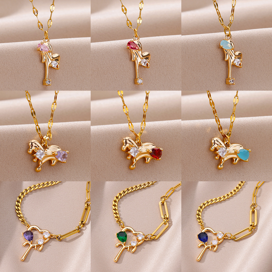 Luxury Colorful Zircon Crystal Heart Pendant Necklace For Women Fashion Gold Color Stainless Steel Neck Chain Jewelry Female