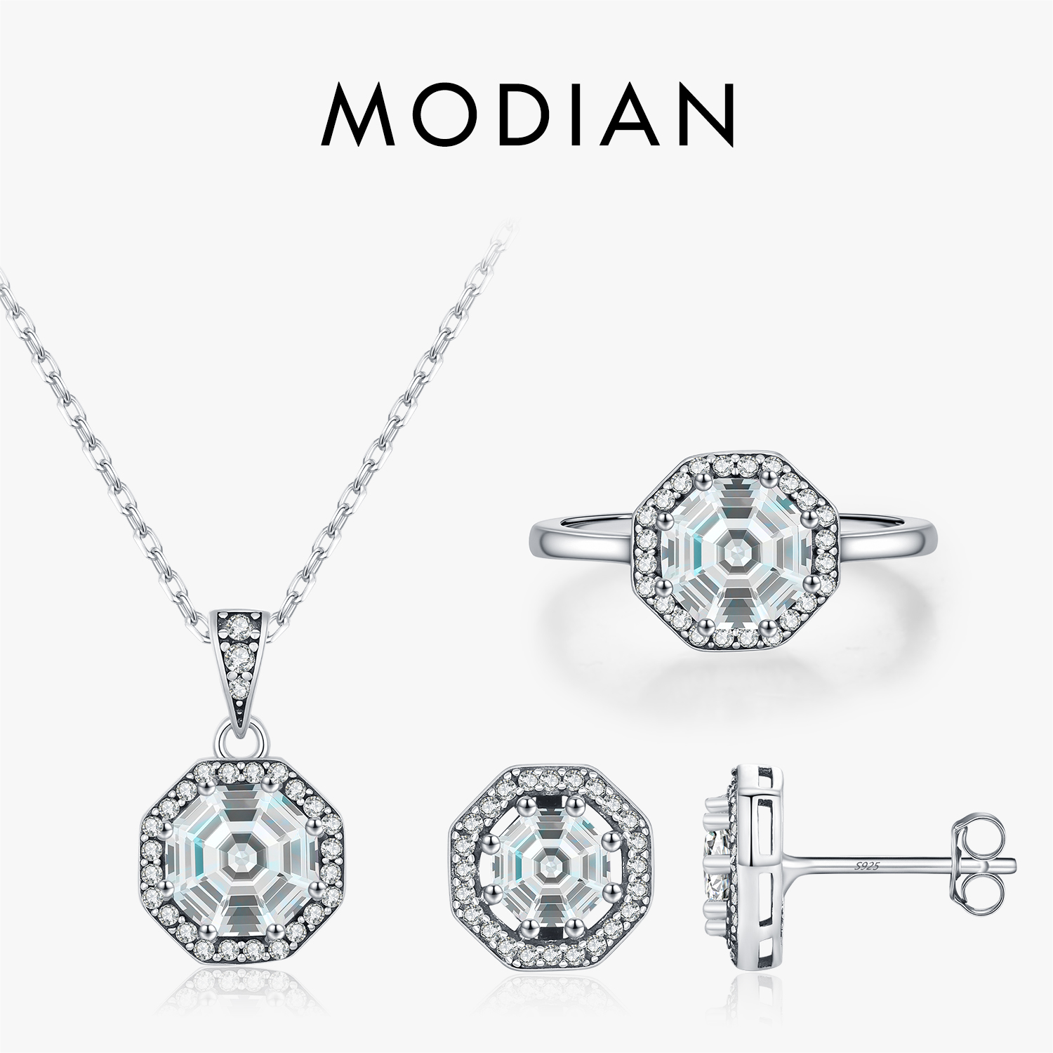 MODIAN 925 Sterling Silver Retro Octagon Clear CZ Stud Earrings & Pendant Necklace & Rings For Women Fine Jewelry Sets