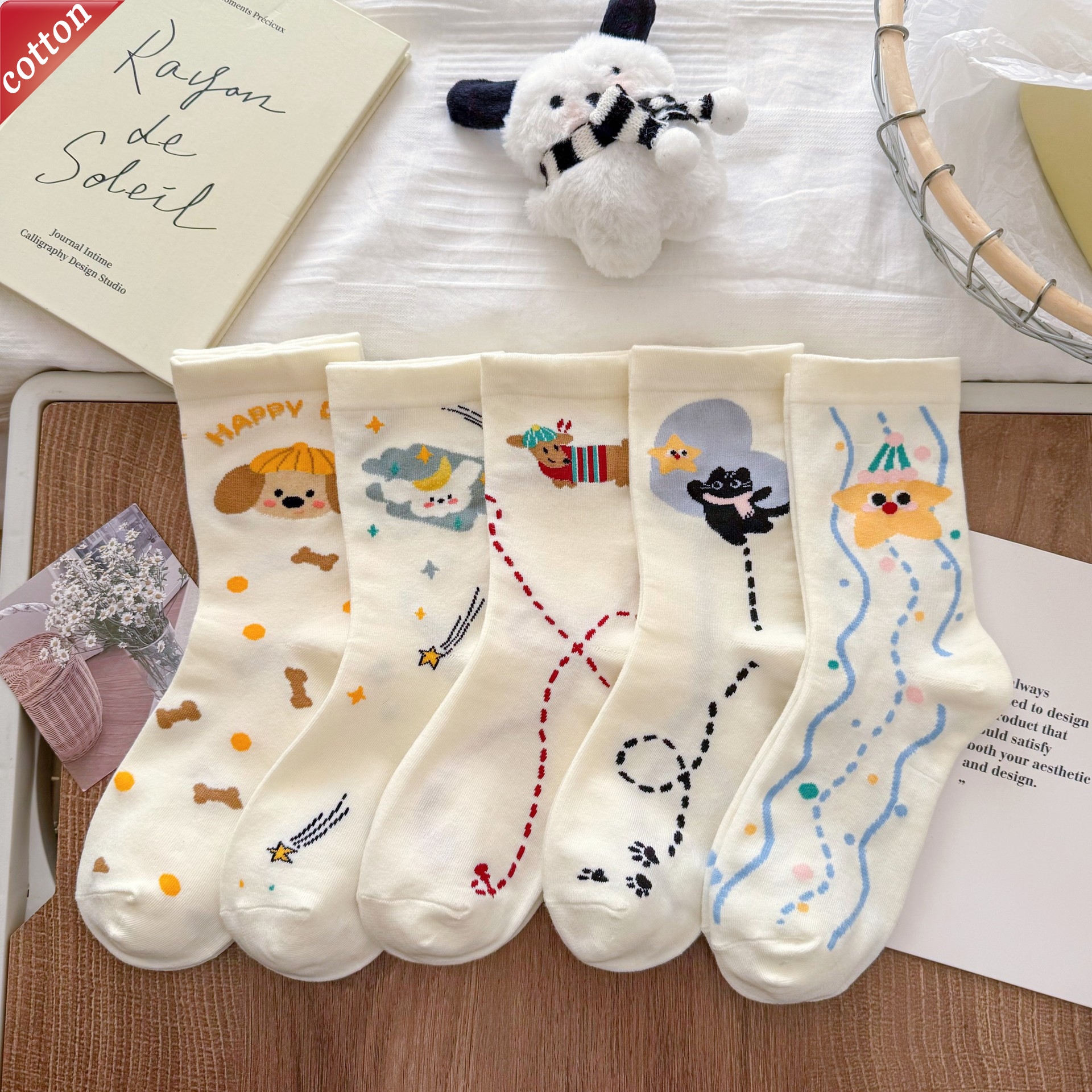 1/5 Pairs Ladies' Socks Japanese Cartoon Cute Puppy Star Casual Preppy Style Versatile Mid Tube Socks High Quality Cotton Socks