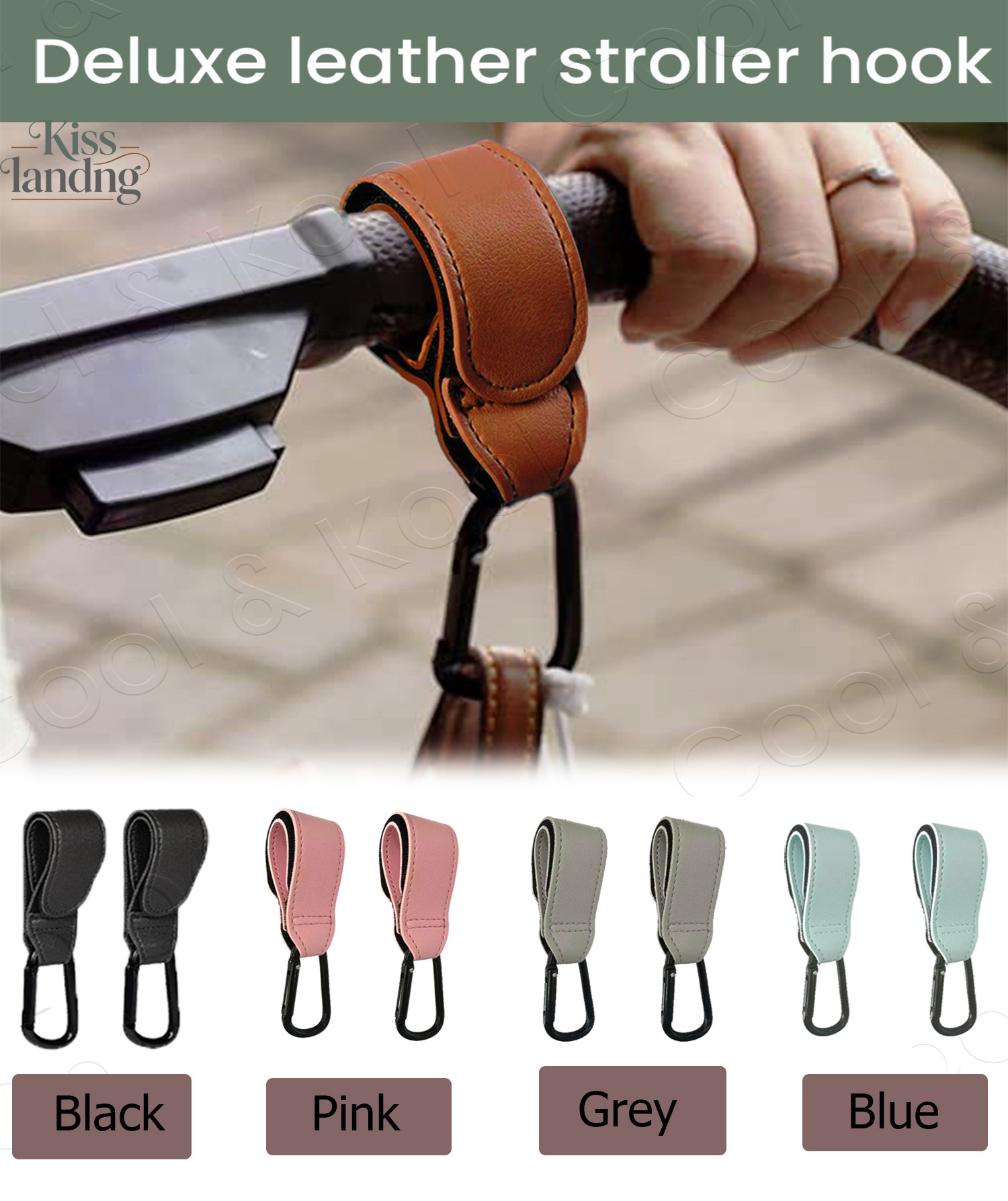 2PCS PU Baby Stroller Hooks with Climbing Buckle, Durable Organizer for Diaper Bags & Travel