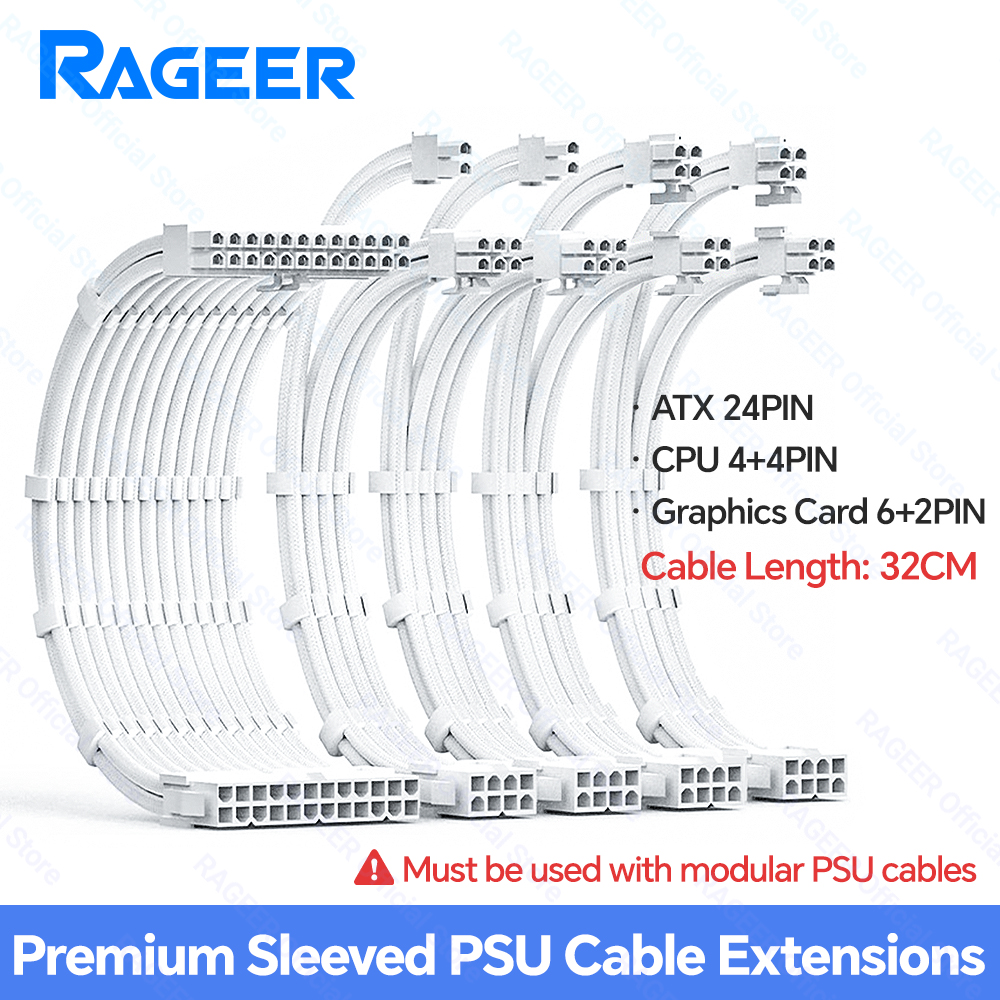 Computer PSU Extension Cable, ATX-24Pin GPU-8Pin CPU-8Pin 18AWG Power Cord with Combs, Length 300mm Black/White