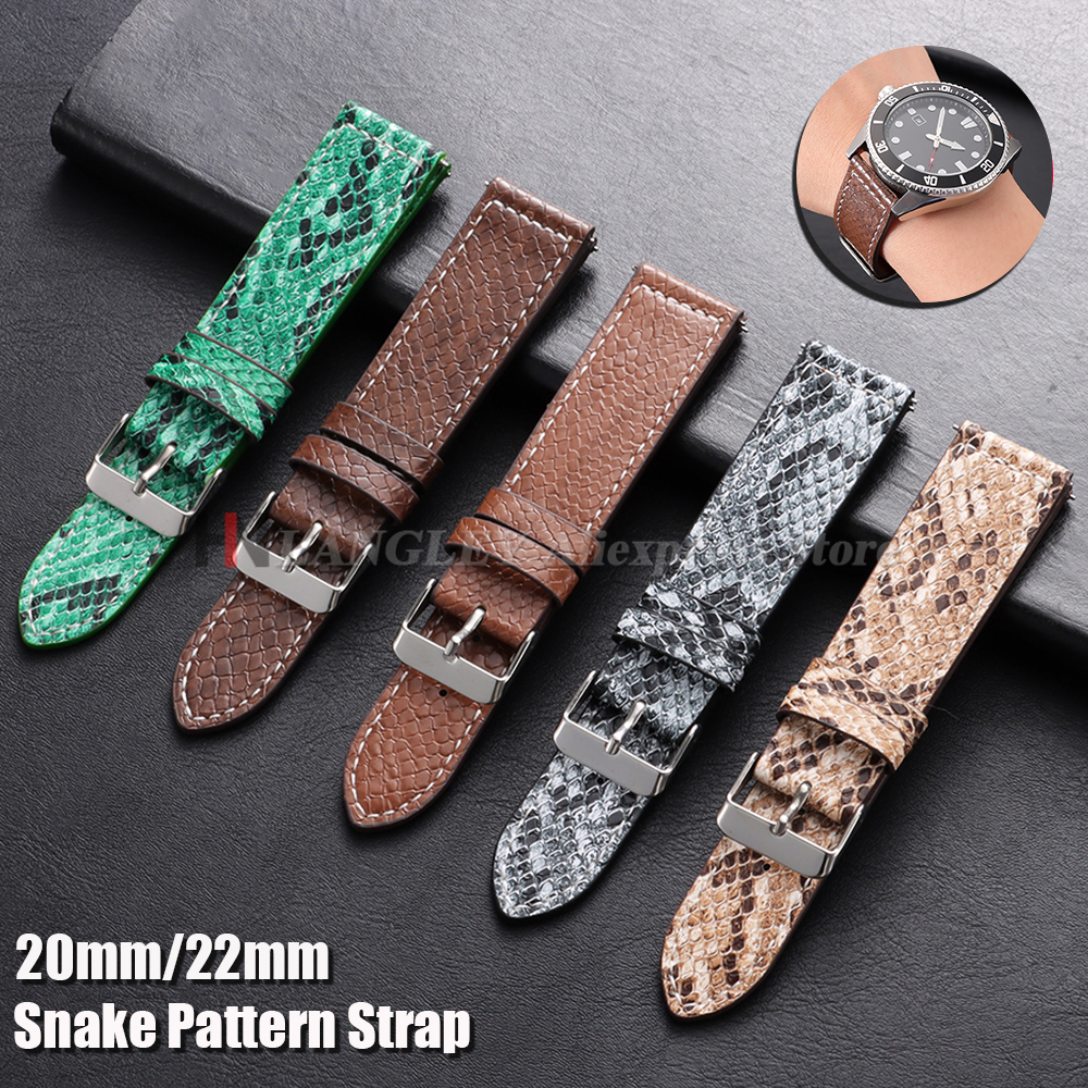 20mm 22mm Handmade Snake Skin Leather Watch Band Soft Vintage Quick Release Green Black for for Replacement Bracelet