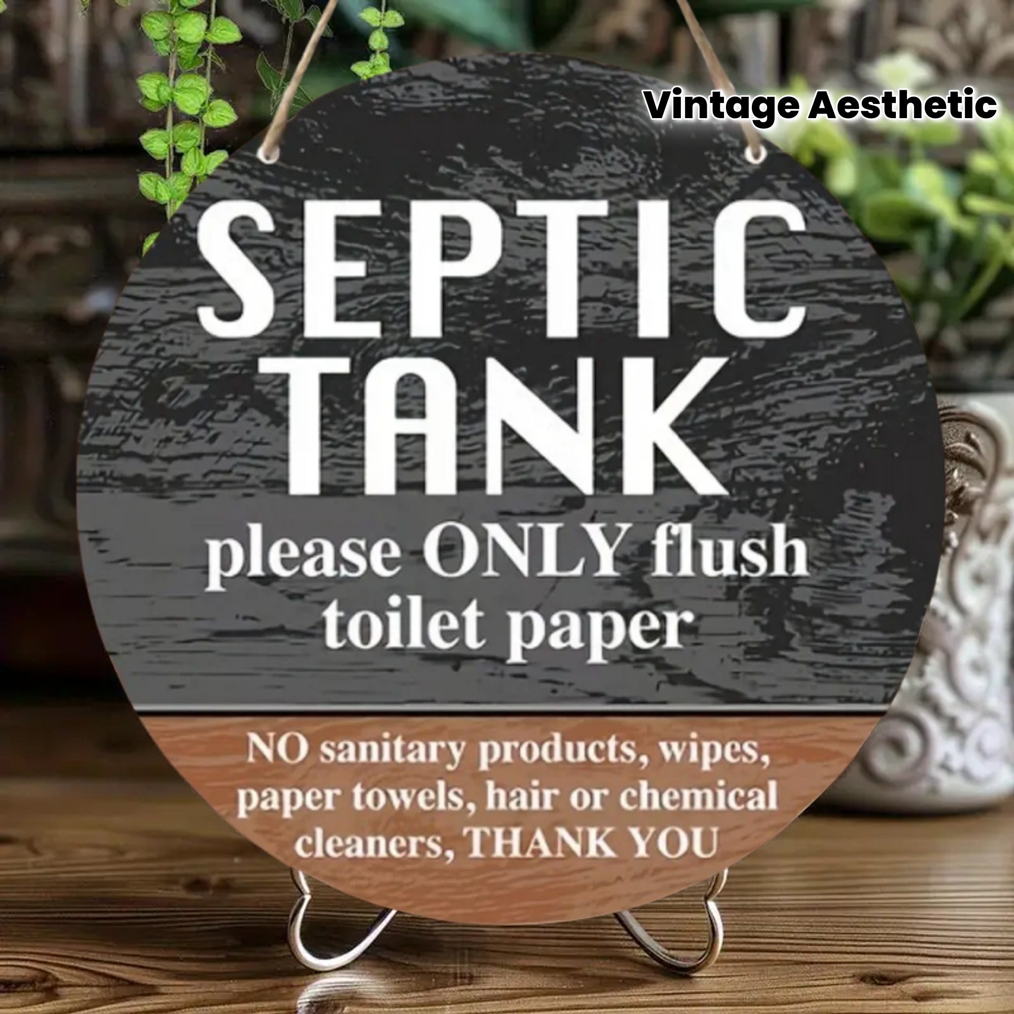 Rural farmstay septic tank wooden wall sign - Round bathroom decoration, "Please only flush toilet paper" design, washroom