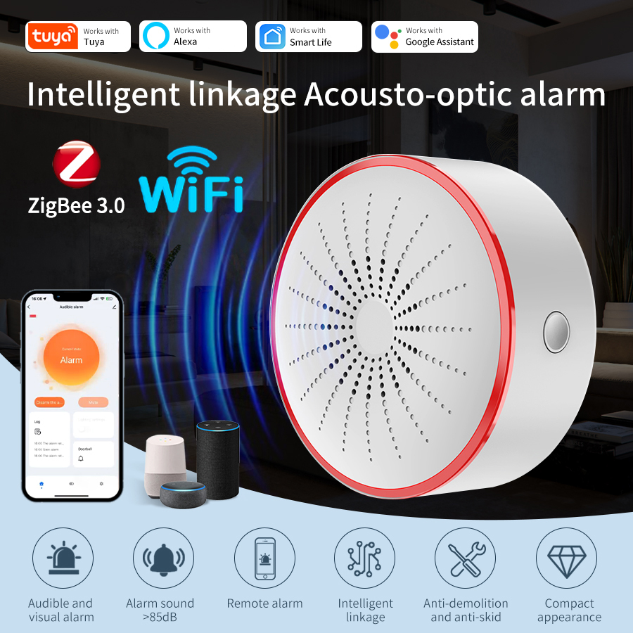 Tuya WiFi ZigBee Smart Sound and Light Siren Alarm Home Security System Detector Works with Smart Life App Alexa Home