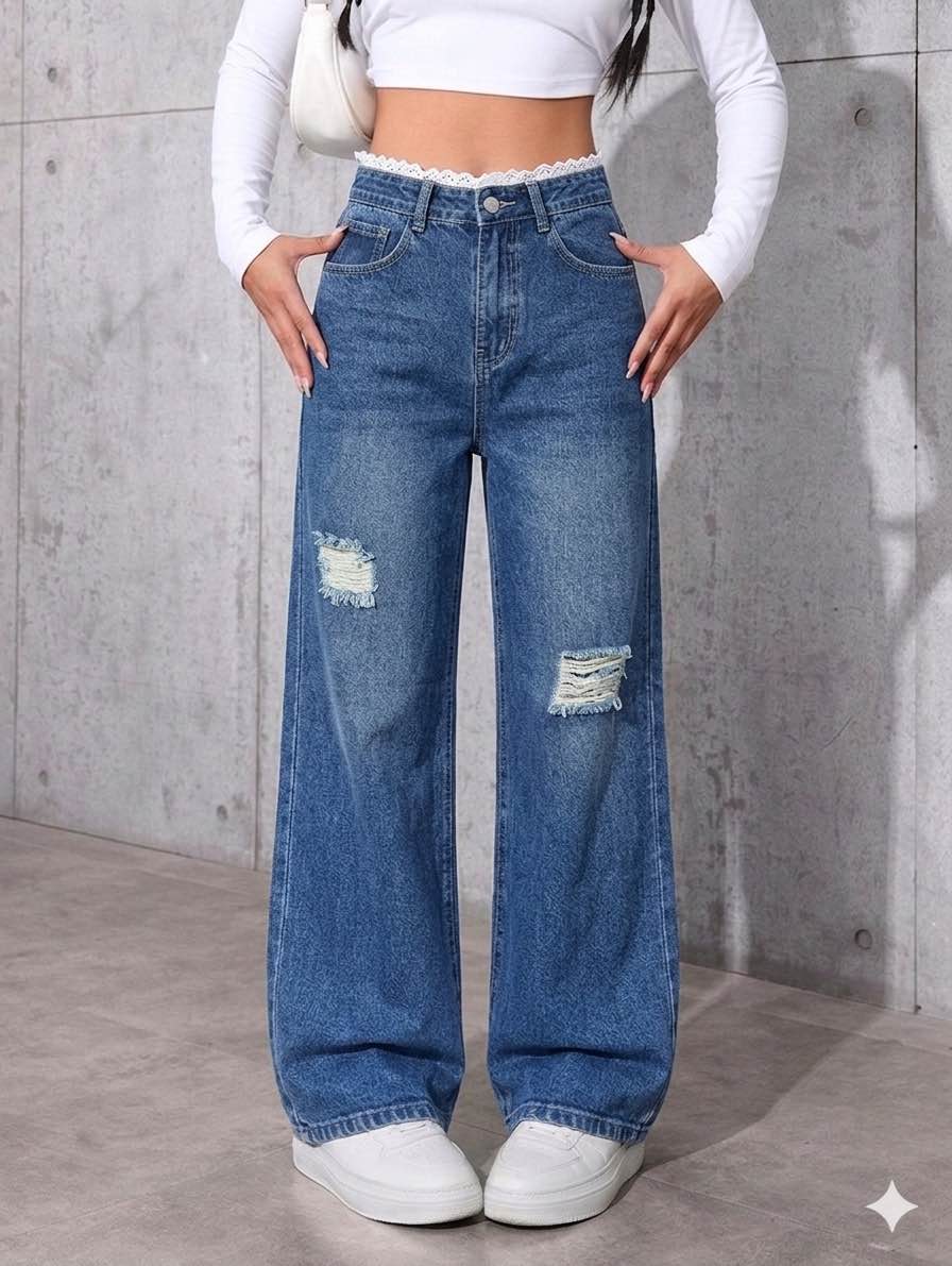 Women’s High-Waist Wide-Leg Ripped Jeans - Loose Fit Baggy Denim Pants with Lace Trim Detail - Premium Distressed Denim for Women