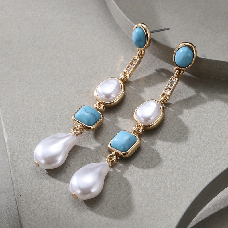 Bohemian Ethnic Style Geometric Imitation Pearl Long Pendant Earrings Ladies Retro Trend Holiday Accessories s